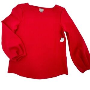 Chico’s size 0 Small long sleeve red top gathered cuff pattern knit shirt NWT